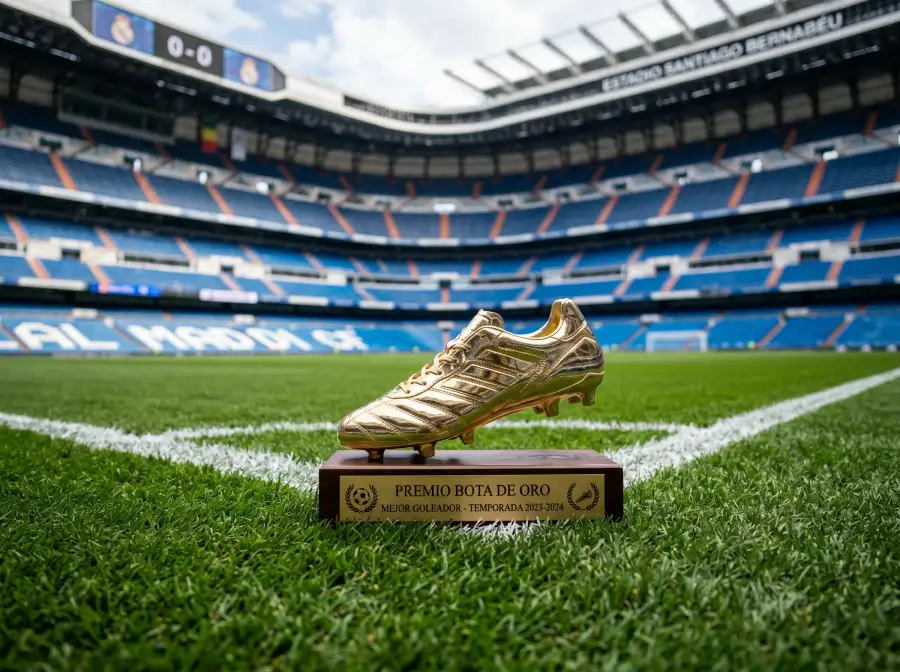 Bota de fútbol dorada sobre césped de un estadio de fútbol profesional