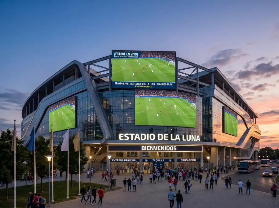 Estadio de la Premier League iluminado durante un partido nocturno con las gradas llenas