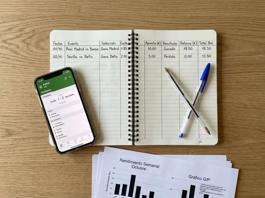 Cuaderno con registro de apuestas deportivas y un bolígrafo sobre un escritorio ordenado