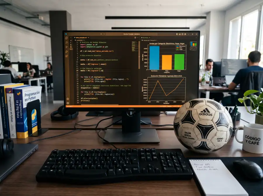 Pantalla de ordenador con código de programación y gráficos de datos junto a un balón de fútbol en el escritorio