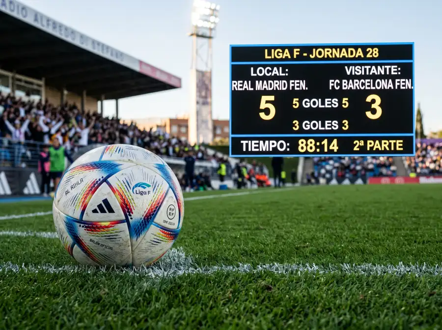 Balón de fútbol junto a un marcador de estadio que muestra un resultado con varios goles