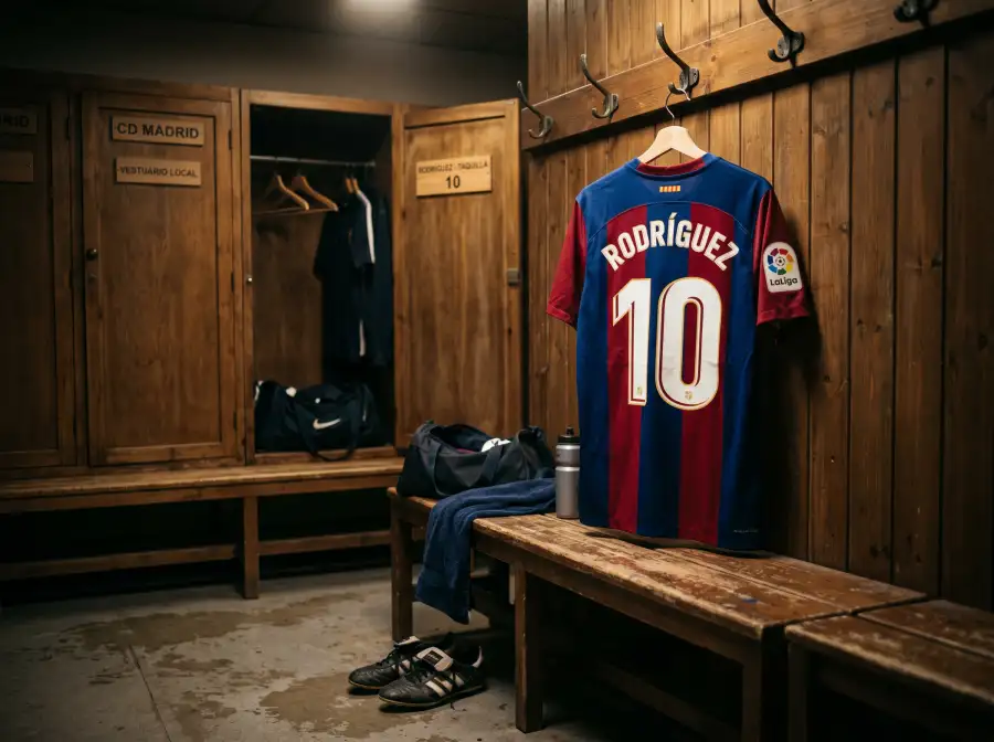 Camiseta de fútbol colgada en un vestuario de estadio profesional