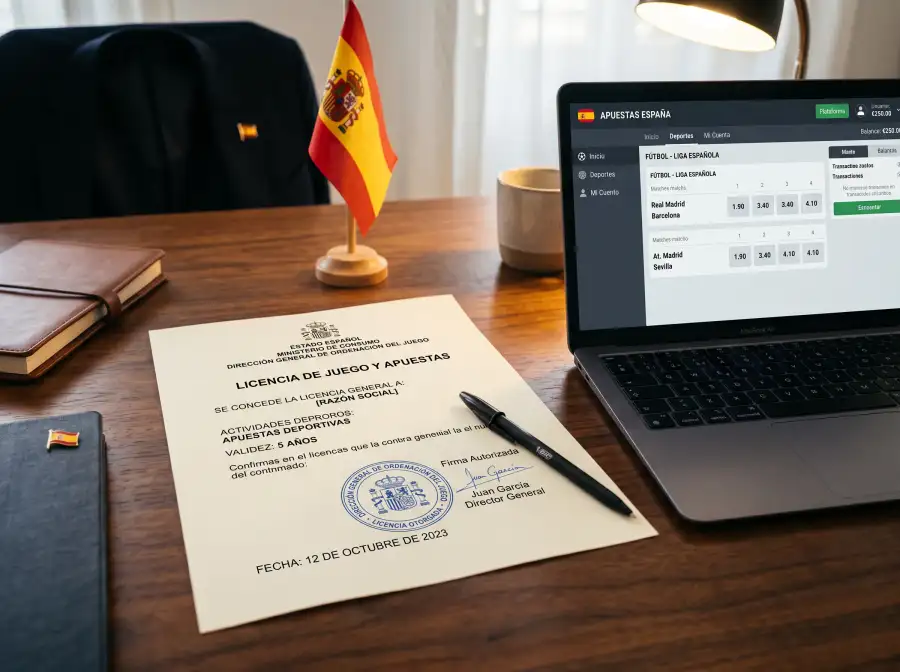 Documento oficial de licencia de juego online junto a un portátil mostrando un operador de apuestas regulado en España