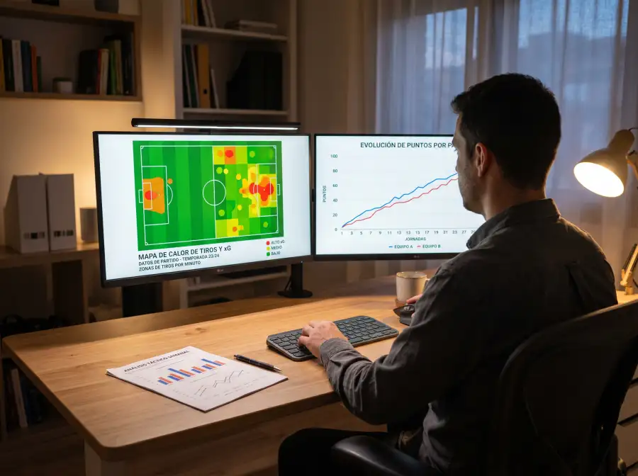 Analista revisando gráficos de xG y estadísticas avanzadas de fútbol en una pantalla